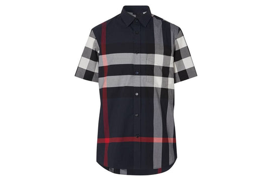 Burberry Checked Shortsleeved Stretch Cotton Shirt Blue