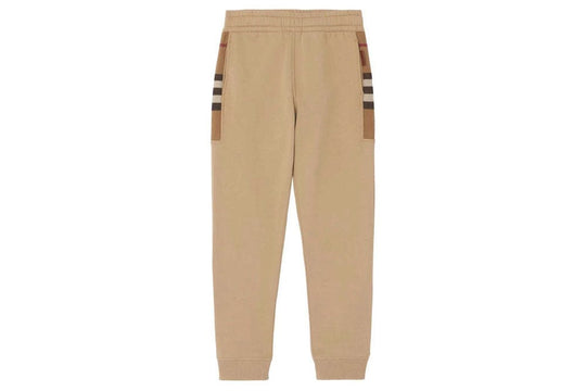 Burberry Check Panel Cotton Blend Jogging Pants Beige