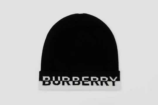 Burberry Logo Intarsia Cashmere Beanie Hat Black White