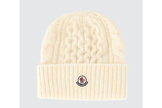 Moncler Cable Knit Logo Patch Beanie Hat Off White