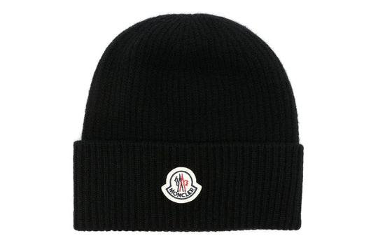 Moncler Logo Patch Cashmere Blend Beanie Hat Black