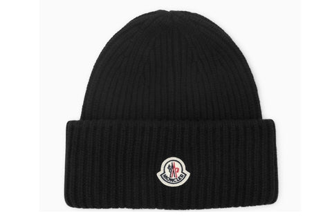 Moncler Logo Patch Ribbed Cashmere Blend Beanie Black AyZed Clothing