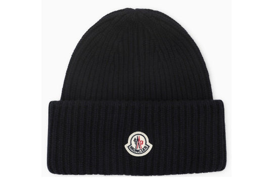 Moncler Logo Patch Ribbed Cashmere Blend Beanie Navy