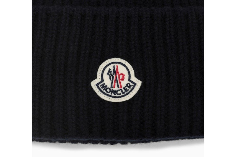 Moncler Hat Moncler Logo Patch Ribbed Cashmere Blend Beanie Navy