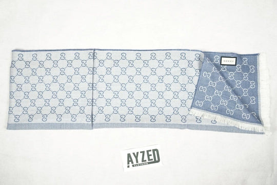 GUCCI GG Light Blue Jacquard Knitted Scarf