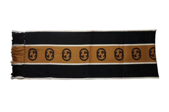 Gucci Scarf Brown And Black Jacquard Wool Silk Scarf