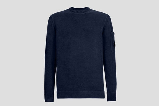 CP Company Chenille Cotton Crew Neck Knit Sweater Dark Blue