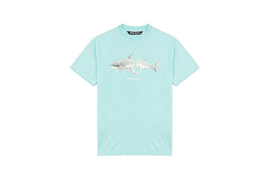Palm Angels Shark Print Cotton T-Shirt Light Blue